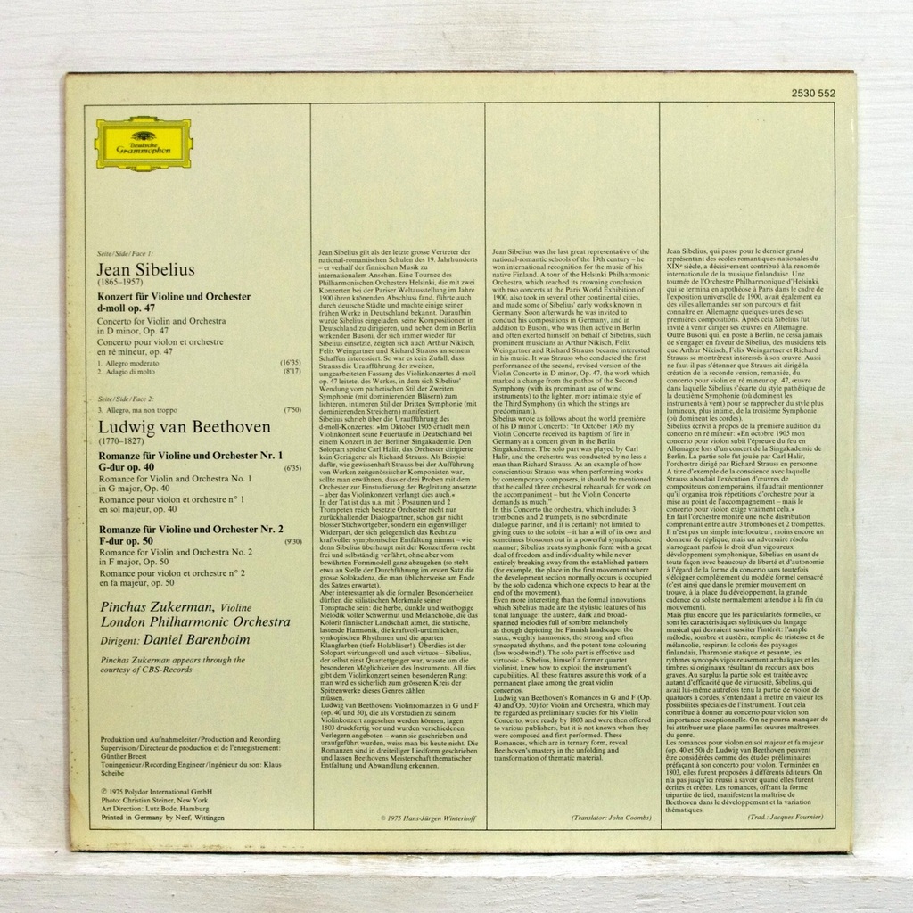 Sibelius violin concerto beethoven romances for violin by Pinchas Zukerman, LP with