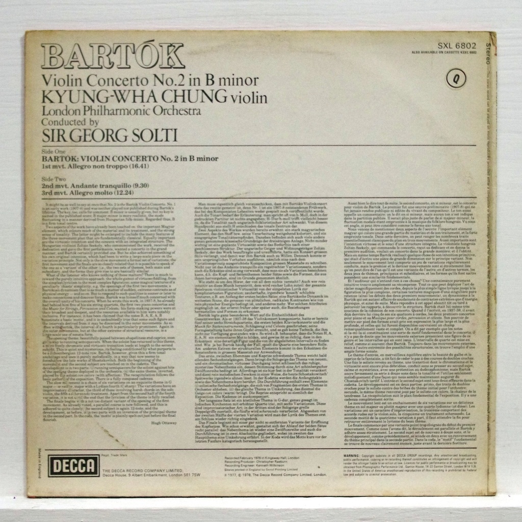 Bartok violin concerto no.2 in b minor by KyungWha Chung, LP with