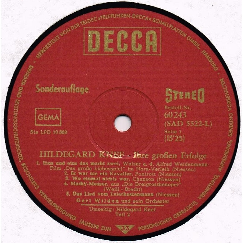 Ihre Grossen Erfolge - Special Edition By Hildegard Knef, 10Inch With  Allaboutvinylplus - Ref:3029159501