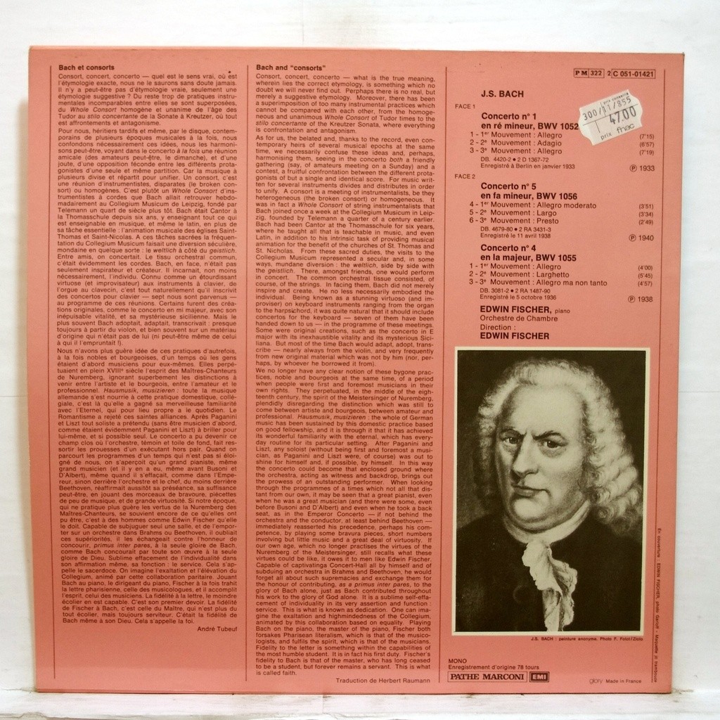 Js bach : piano concertos no.1, no.4 & no. 5 by Edwin Fischer, LP with ...