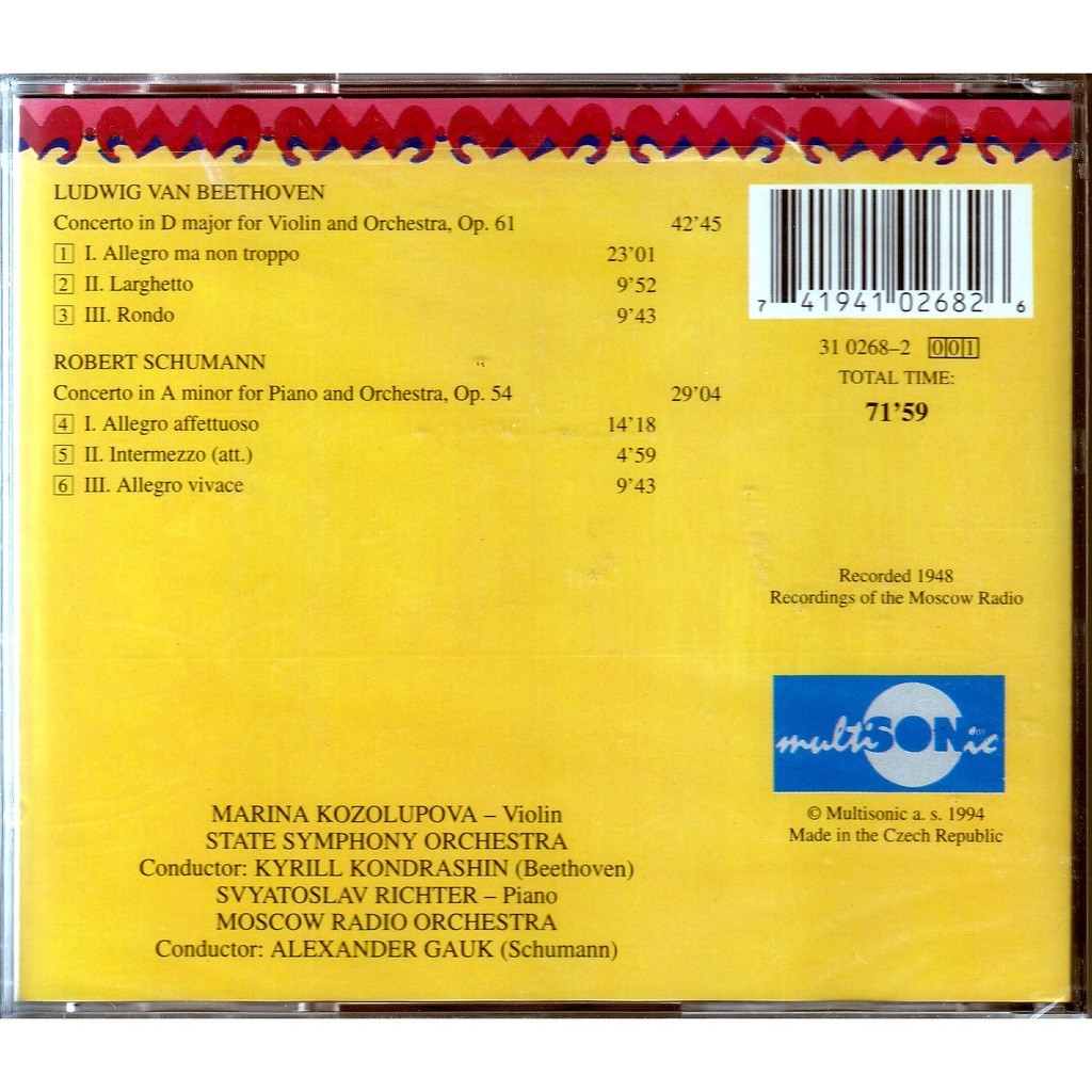 Beethoven violin concerto, schumann piano concerto rec.1948 cd new de
