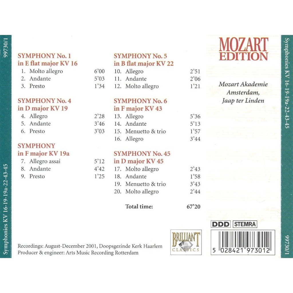 Symphonies, kv 16, 19, 19a, 22, 43, 45 / mozart akademie amsterdam