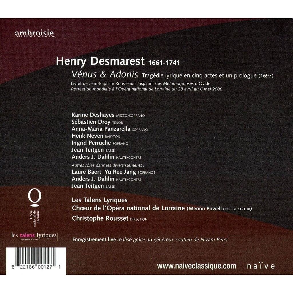 Desmarest, Henry (1661-1741) Vénus & Adonis / Karine Deshayes, Sébastien Droy, Les Talens Lyriques, Christophe Rousset