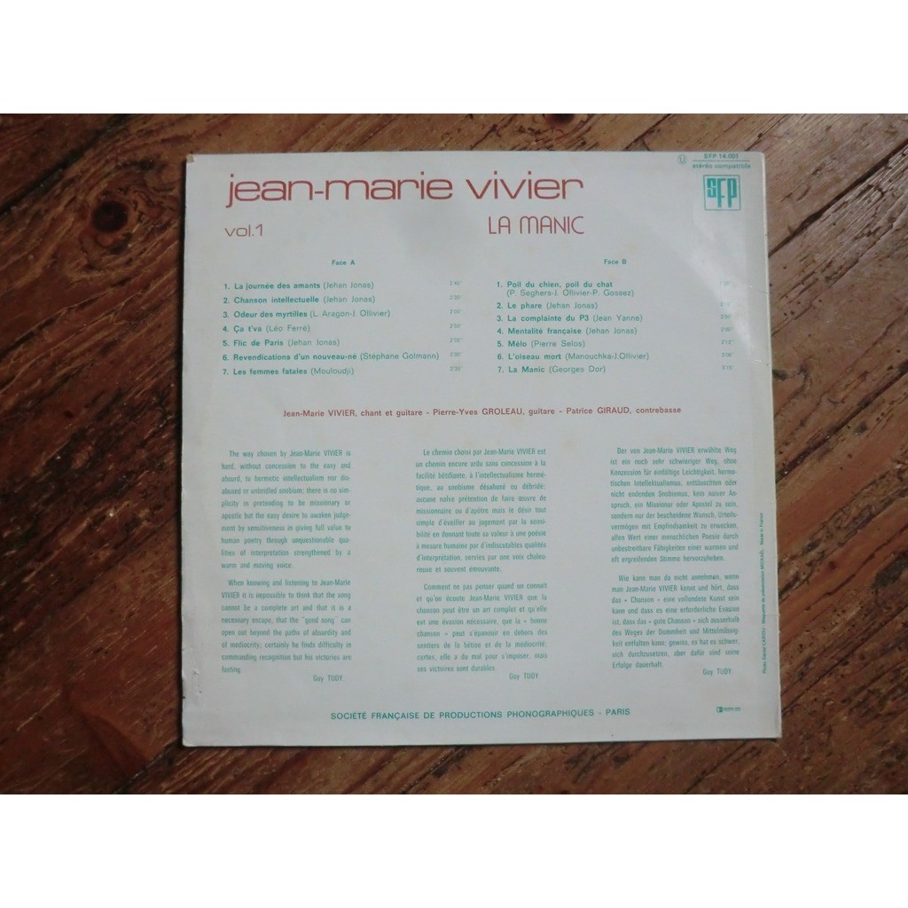 La manic (original first french press green label 1970) de JeanMarie Vivier, 33T chez froms