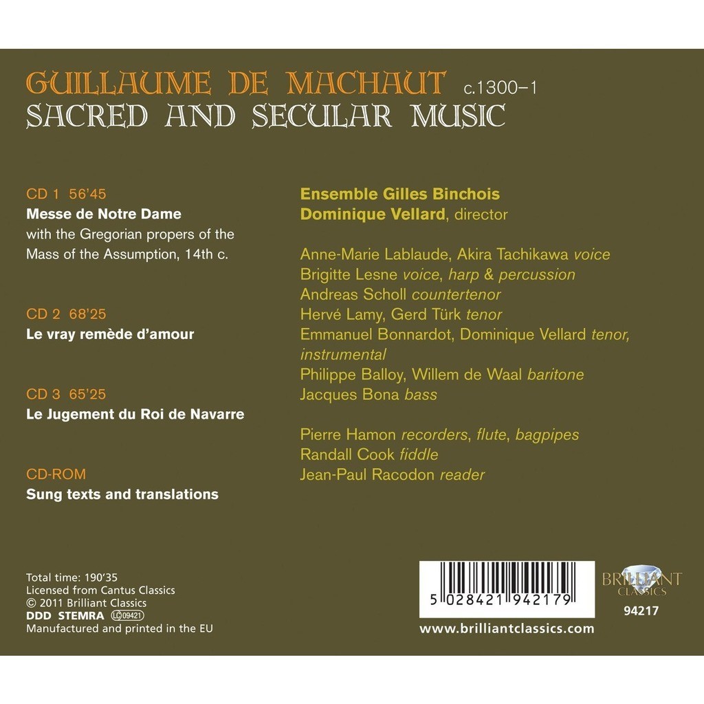 Sacred And Secular Music Messe De Nostre Dame Gilles Binchois Ensemble Dominique Vellard De Machaut Guillaume De Cd X 4 Chez Melomaan Ref