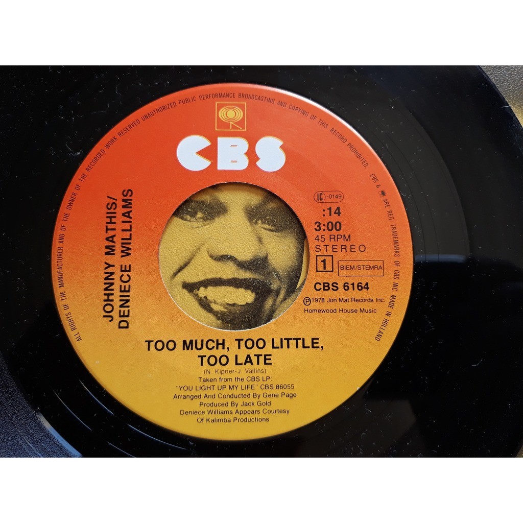 Johnny mathis / deniece williams - too much, too little, too late (7,  single) by Johnny Mathis / Deniece Williams - Too Much, Too L, SP with  soul13 - Ref:119192725
