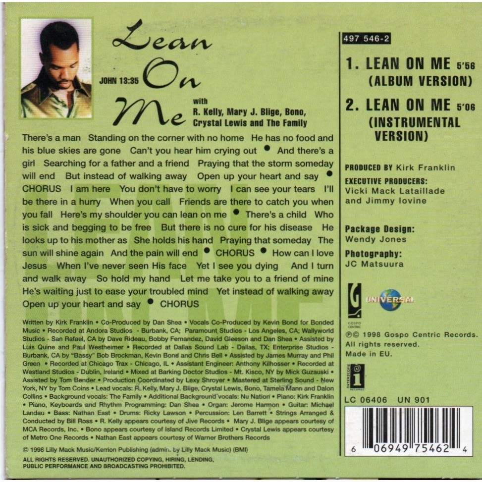 Lean on me by Kirk Franklin, CD with tubomix - Ref:119462550
