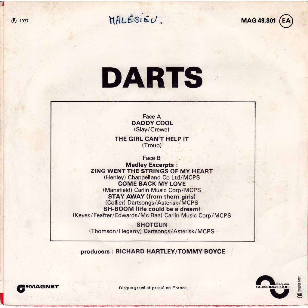 Daddy cool / the girl can't help it / medley by The Darts, SP with