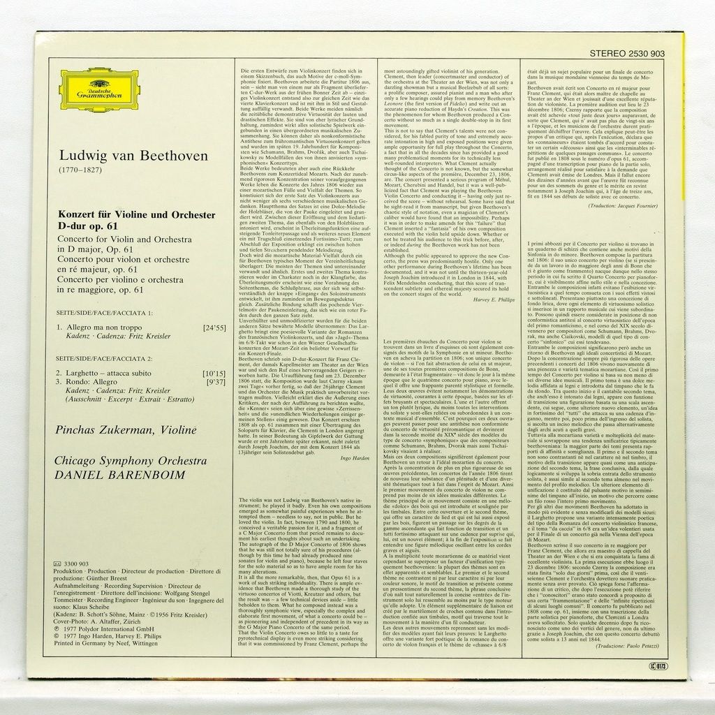 Beethoven concerto for violin & orchestra in d major op.61 by Pinchas Zukerman, LP with