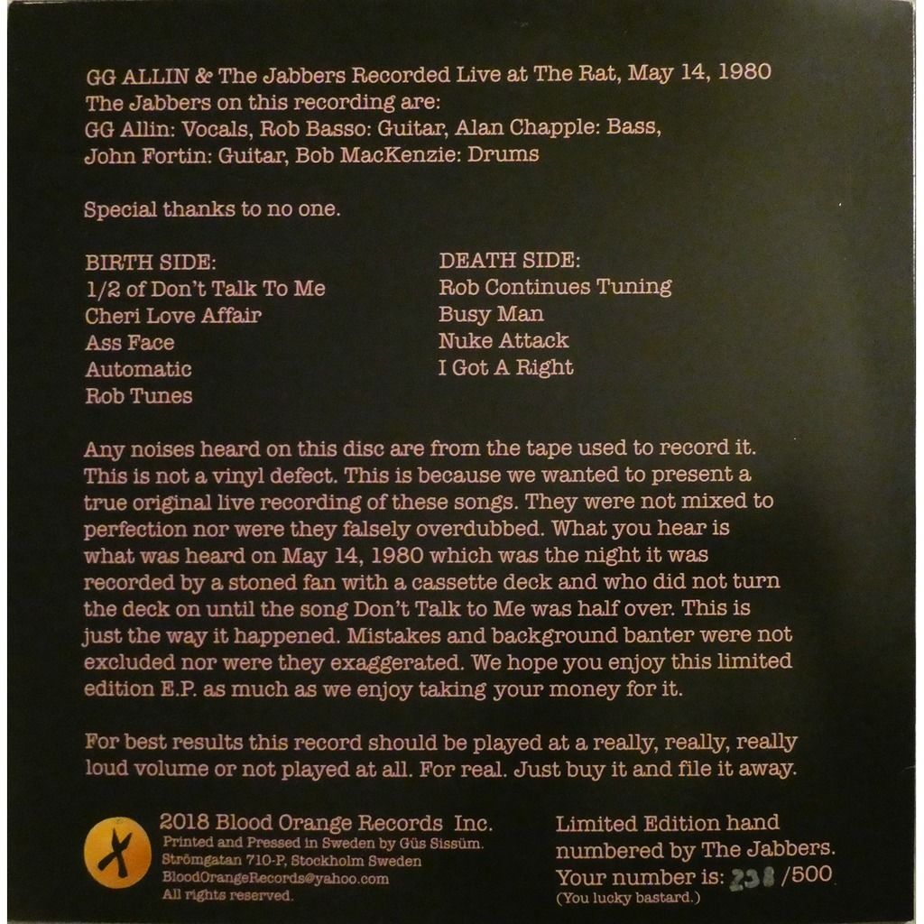 Live at the rat in 1980 e.p. de Gg Allin & The Jabbers, Maxi 33T chez