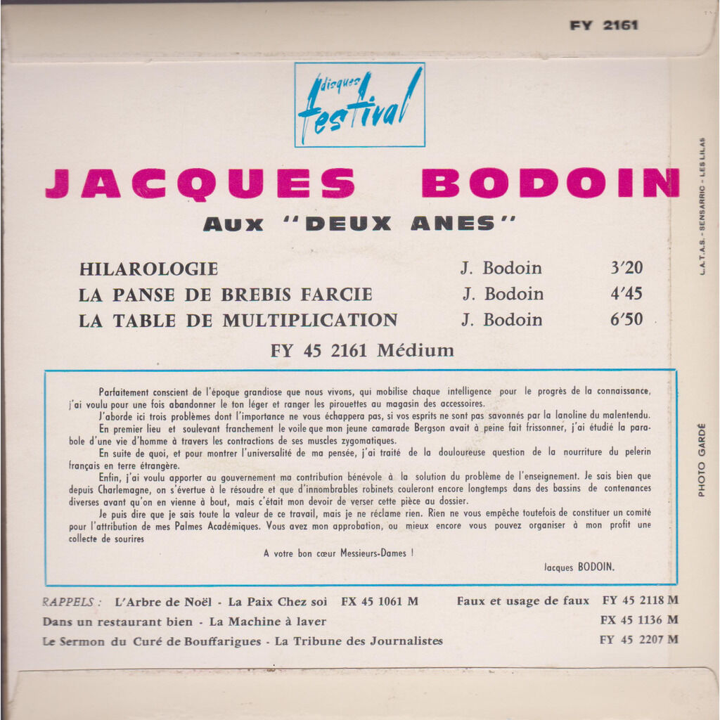 La table de multiplication de Jacques Bodoin, EP chez prenaud Ref