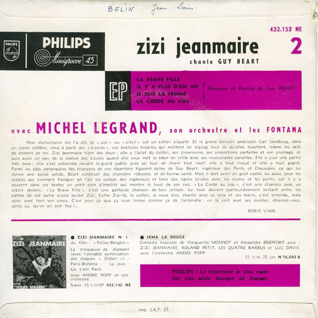 2 - la brave fille + 3 chansons de guy béart by Zizi Jeanmaire, EP with  djarba - Ref:120346433