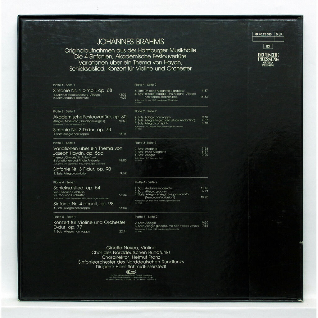Brahms the 4 symphonies / violin concerto op.77 by Neveu, LP Box set with