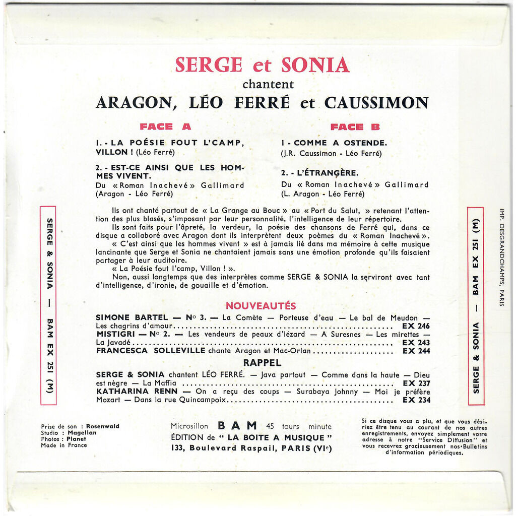  SERGE ET SONIA  -  chantent aragon léo ferré caussimon 