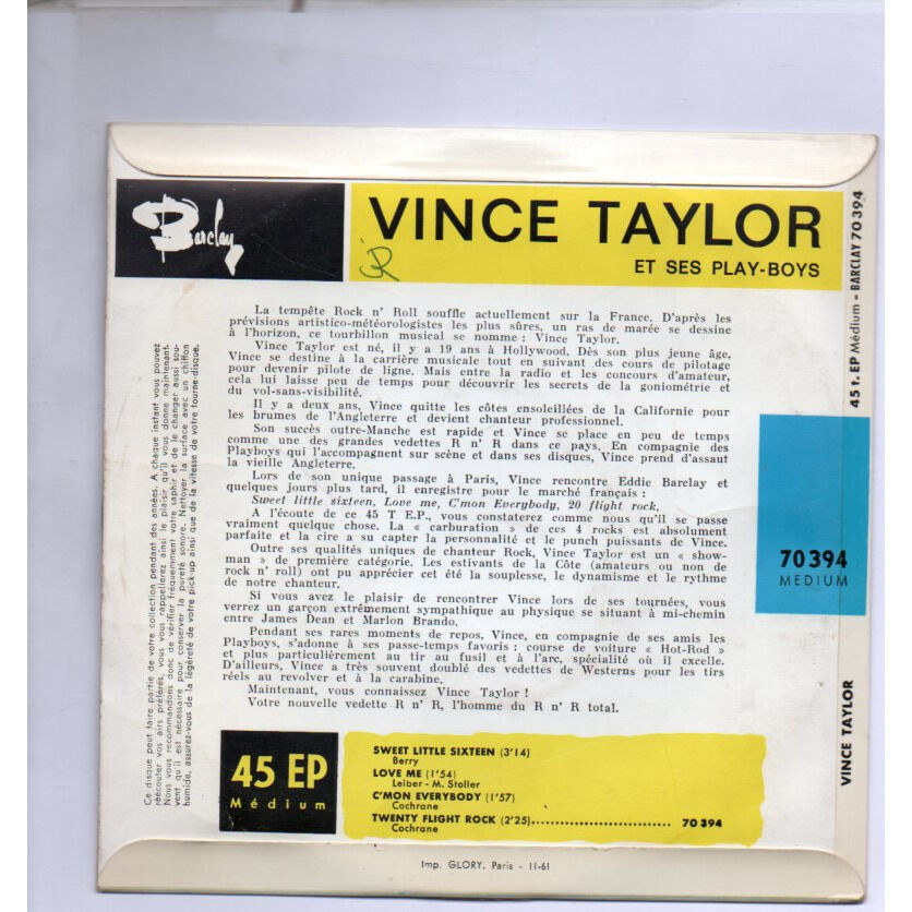 VINCE TAYLOR sweet little sixteen / love me / c'mon everybody / twenty flight rock