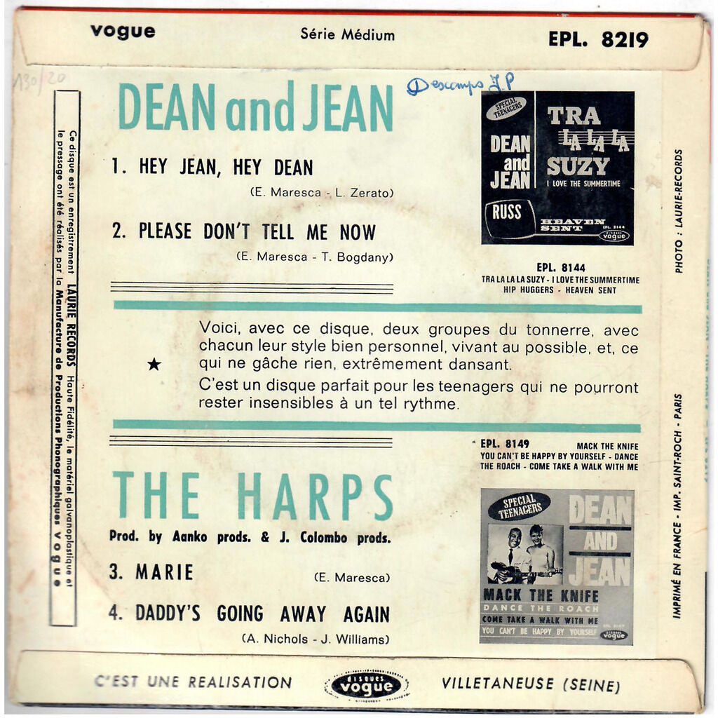  DEAN AND JEAN / THE HARPS  -  hey jean, hey dean 
