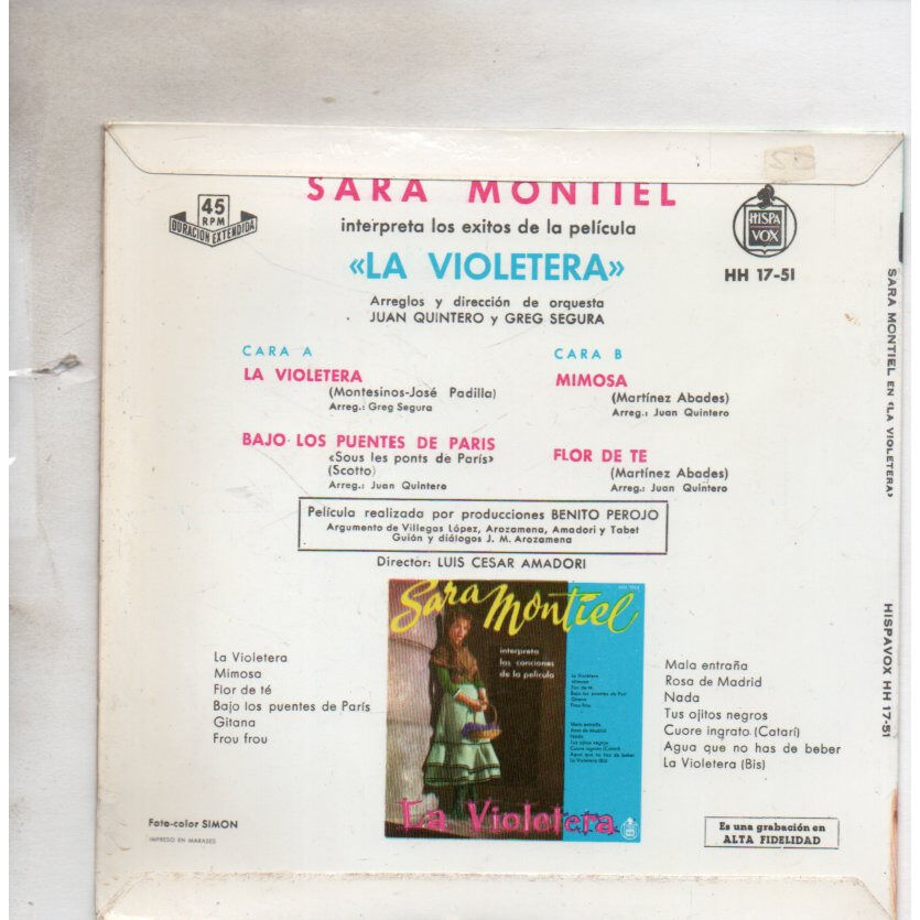 Interpreta las canciones de la película la violetera de Sara Montiel, EP chez orpheon3 Ref