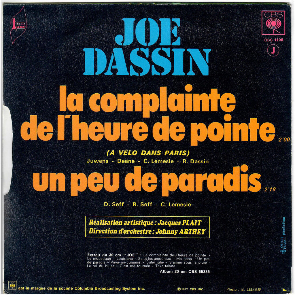  Joe Dassin  -  la complainte de l'heure de pointe (a vélo dans paris) / un peu de paradis 
