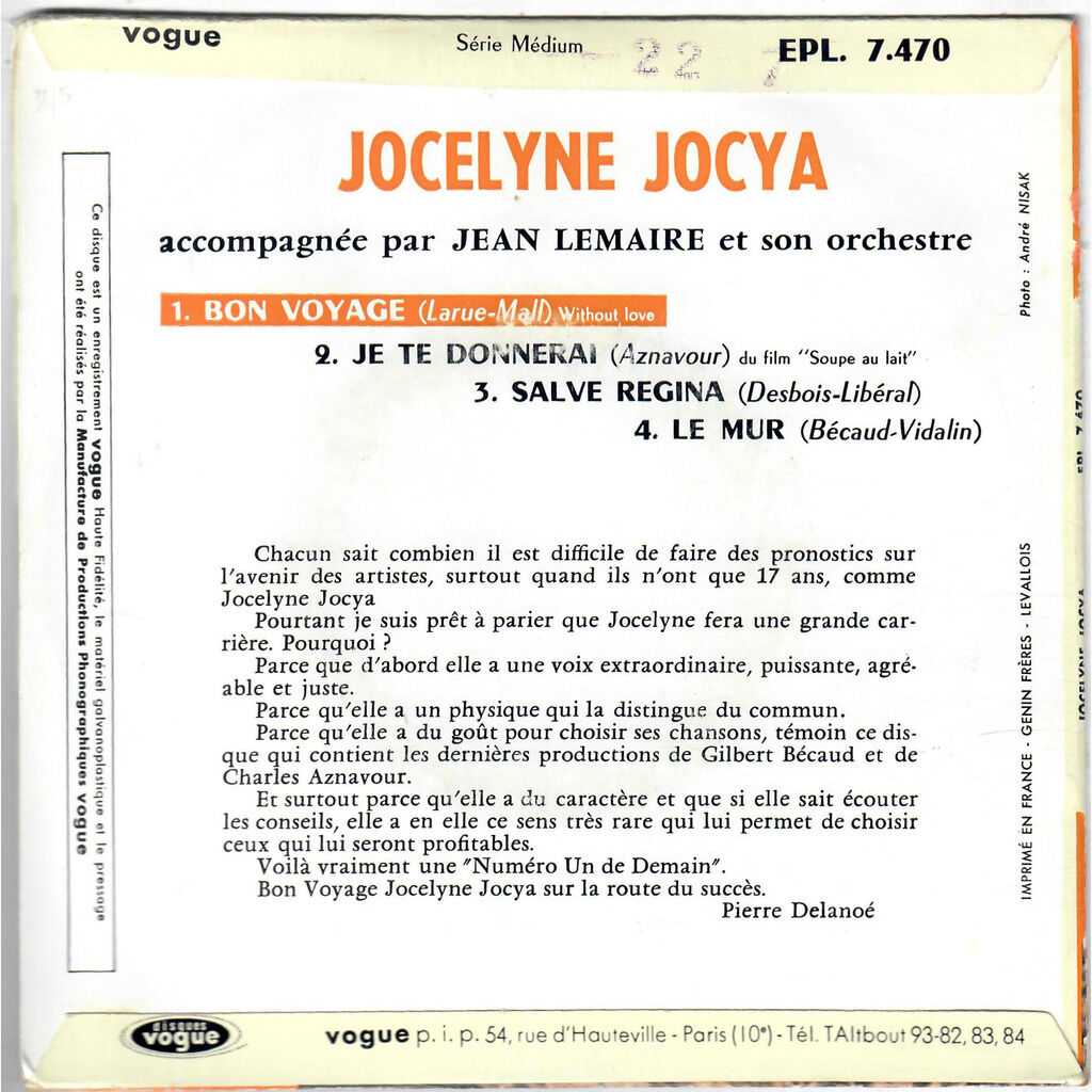  Jocelyne Jocya Accompagnée Par Jean Lemaire Et Son  -  bon voyage (without love) 
