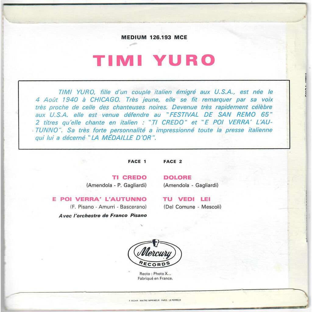  Timi Yuro  -  ti credo / e poi verra' l'autunno / dolore / tu vedi lei 