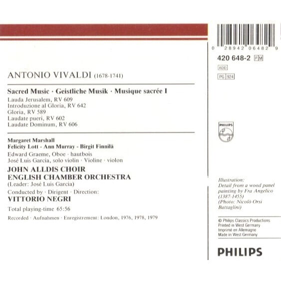 Antonio Vivaldi - John Alldis Choir, English Chamber Orchestra, Vittorio Negri Sacred Choral Music Vol.1: Gloria RV 589