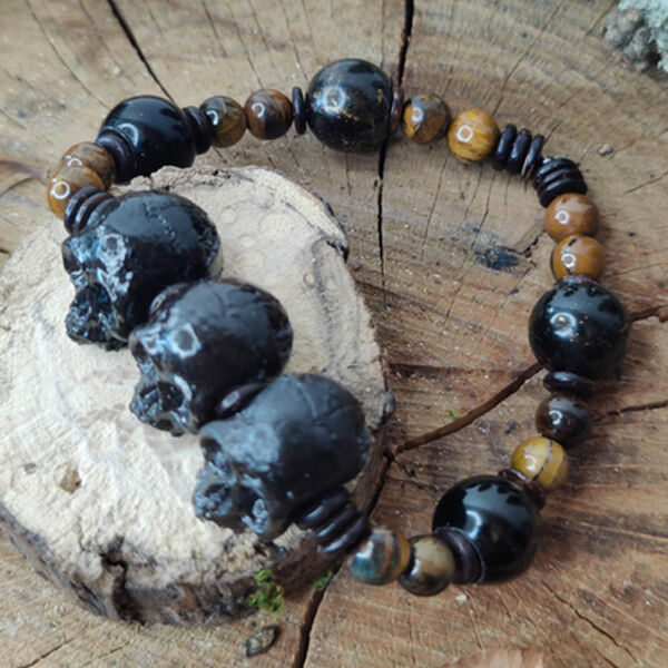  L'Antre Saisons  -  solid black brown skull head men's bracelet 