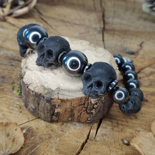  L'Antre Saisons  -  black gray carbonized skull head men's bracelet 