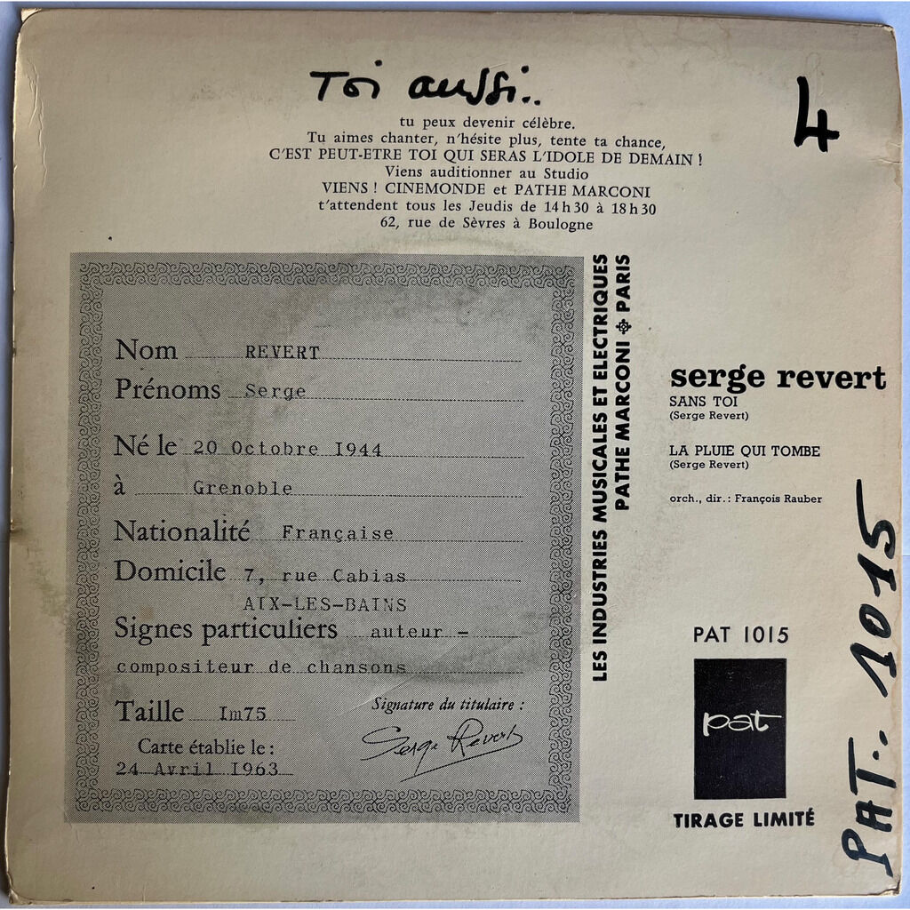  Serge Revert  -  sans toi / la pluie qui tombe 